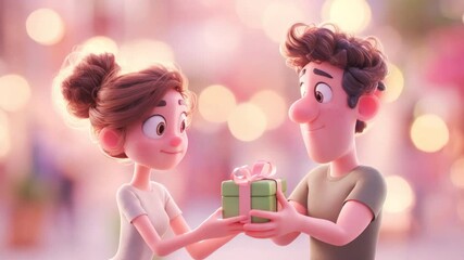 Happy male and female characters presenting a gift. woman and a man exchanging gifts. Christmas, Birthday, or any holiday concept. Happy friends or romantic couple - Powered by Adobe