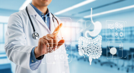 Digital Digestive Health: A doctor interacts with a holographic display of internal organs, symbolizing advanced medical technology, precise diagnosis, and innovative gastroenterological care