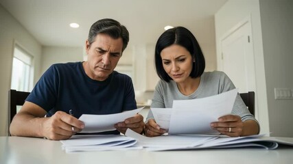 Middle aged couple looking at financial documents with serious expressions. Concept of financial concern or budget planning. Use for banking, insurance, or financial services advertisment - Powered by Adobe