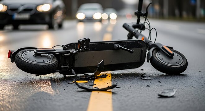 Black electric scooter lying on wet asphalt road after accident with broken parts crash