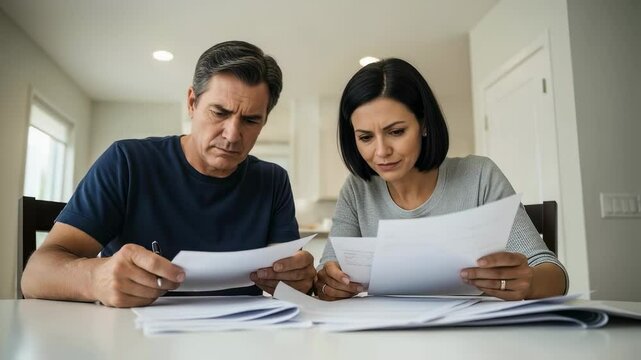 Middle aged couple looking at financial documents with serious expressions. Concept of financial concern or budget planning. Use for banking, insurance, or financial services advertisment