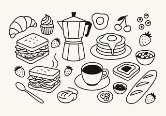 Breakfast Food Doodle Collection – Hand Drawn Coffee and Pastry Vector Set