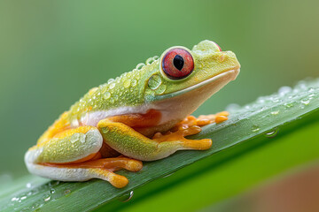 Obraz premium A red-eyed tree frog with vibrant colors and water droplets on its skin rests calmly on a green leaf in a tropical rainforest. Ideal for wildlife education, eco ads, or nature-themed content.