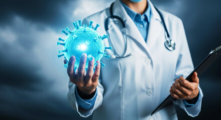 Global Health Challenge: A medical professional presents a glowing virus model, symbolizing critical research, pandemic response, healthcare efforts, and scientific advancements in combating infectiou