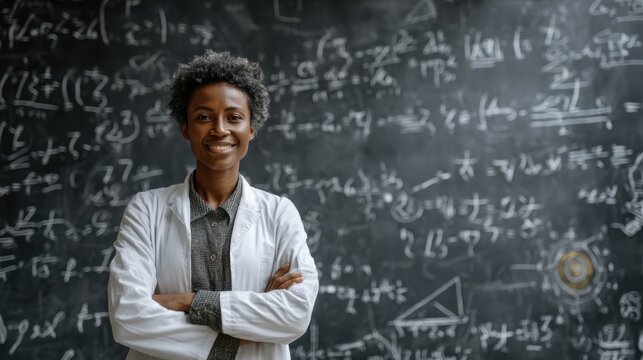Confident scientist standing in front of a chalkboard with mathematical formulas