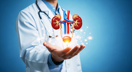 Doctor holding a glowing 3D model of the human kidneys and urinary system, symbolizing urology, kidney health, medical research, and advanced treatment for renal diseases
