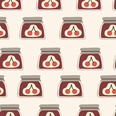 A seamless pattern with cherry jam. Illustration for packaging and decoration. Illustration of food. Jars with cherry