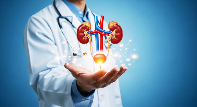 Doctor holding a glowing 3D model of the human kidneys and urinary system, symbolizing urology, kidney health, medical research, and advanced treatment for renal diseases