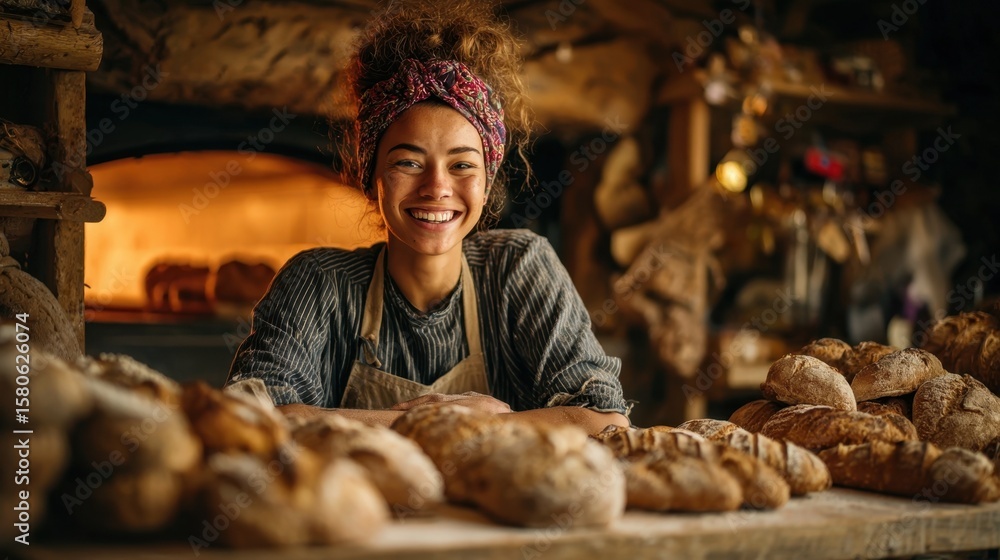 Poster happy baker smiling as they arrange assorted breads on a rustic wooden table with a warm oven glow i