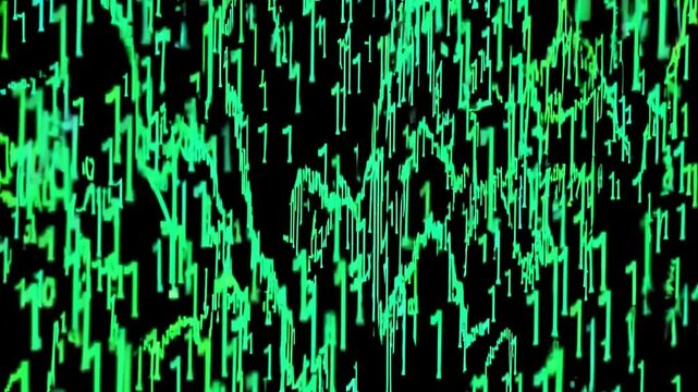Green binary code streams down against a black background