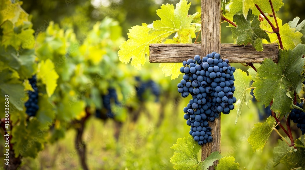 Poster a rustic cross embraced by graceful vines and lush clustered grapes representing provision