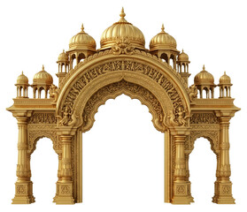 Golden Indian Temple Archway, Ornate Palace Gate, Traditional Hindu Architectural Entrance isolated © C-Kav