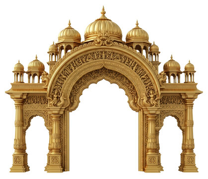 Golden Indian Temple Archway, Ornate Palace Gate, Traditional Hindu Architectural Entrance isolated