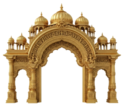 Golden Indian Temple Archway, Ornate Palace Gate, Traditional Hindu Architectural Entrance isolated
