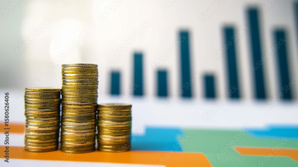 Poster high resolution stock image illustrating financial investment chart with coins and money saving grap