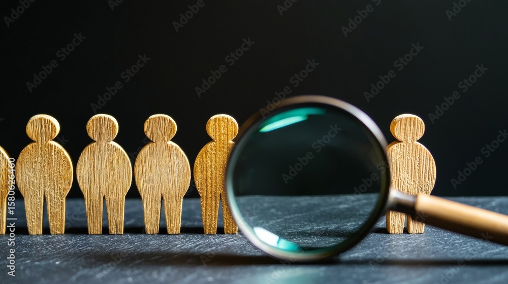 Aufkleber magnifying glass focused on detailed wooden figures lined up in sequential array