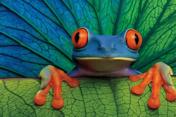Cute red-eyed tree frog resting among shiny green leaves in jungle environment. Suitable for children's nature books, eco-friendly product designs, or wildlife conservation projects.