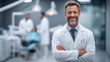 Professional smiling dentist standing in a modern dental clinic