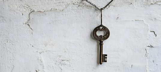 Vintage old key displayed on a grunge textured wall in black and white with atmospheric dramatic lighting embracing a simple minimalist and deeply moody composition

