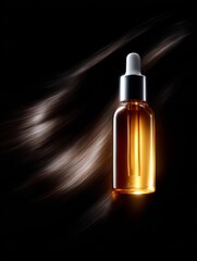 Naklejka premium An elegant amber oil dropper stands out against a dark backdrop. The soft glow enhances its beauty and appeal. This photo captures luxury and personal care perfectly. AI