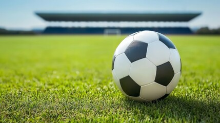 Fototapeta premium Vibrant stadium grass field hosting a classic soccer ball under bright daylight