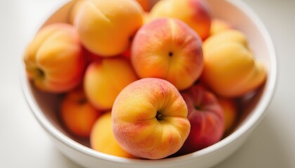Fresh and Juicy Peaches in White Bowl on Table, Perfect for Summer Recipes and Healthy Snacks