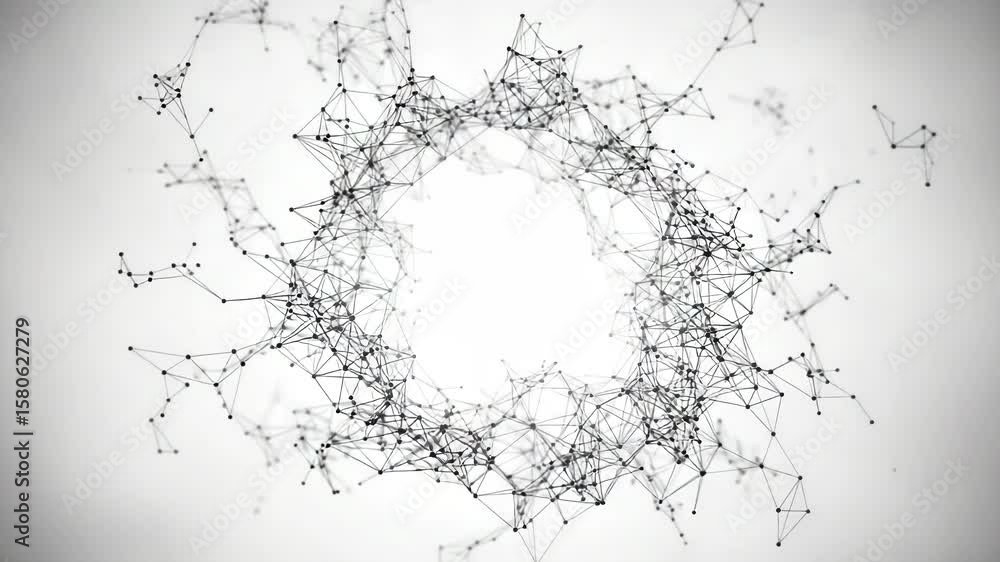 Poster an abstract network of interconnected lines and dots forms a complex, futuristic design on a white b