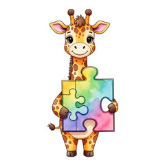Cute Giraffe Holding Puzzle Piece | Autism Awareness Safari Animal Illustration