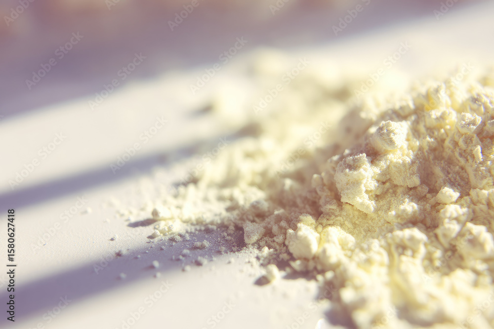 Poster powdered almond dust on ivory table with soft diagonal sunlight, creating warm and inviting atmosphe