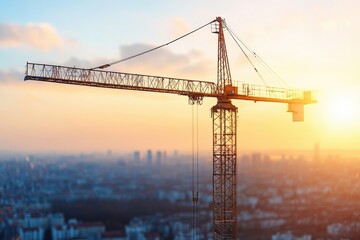 Construction site with crane lifting concrete panel and scaffolding surrounding building