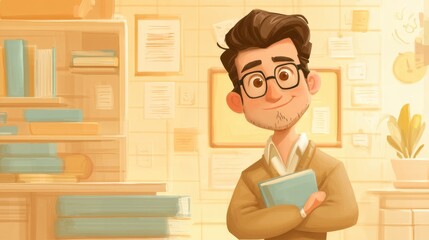 Cartoon teacher holding a book in a classroom with a warm atmosphere