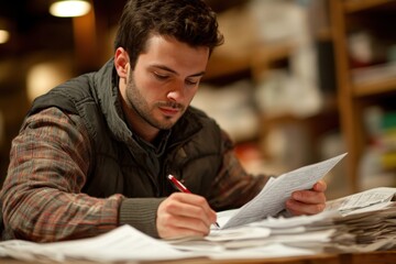 Bookkeeping for small business scene with shop owner calculating expenses 