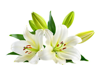 Obraz premium Two elegant white lilies with green buds and leaves isolated on transparent background