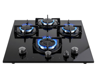Untitled design - Black Glass Gas Cooktop with Blue Flame Burners, Front-Angled Perspective, Transparent PNG