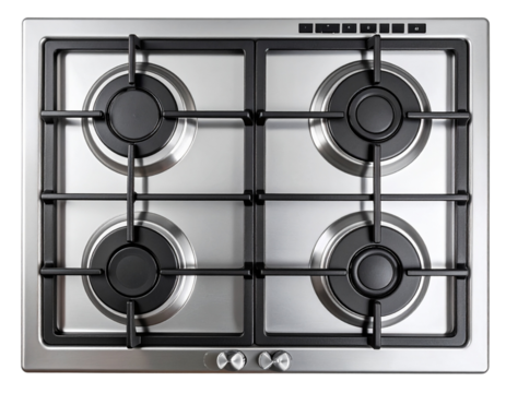 Untitled design - Modern Stainless Steel Kitchen Gas Stovetop with Four Burners, Top-Down View, Transparent Background