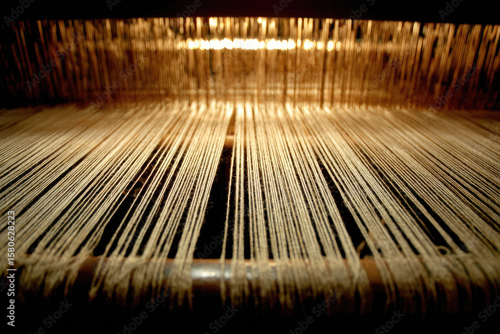 Poster loom threads illuminated by warm light, creating abstract faint shadows and intricate linear pattern