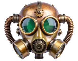 Untitled design - Intricate Steampunk Gas Mask with Brass Goggles and Tubes, Front View, Transparent Background