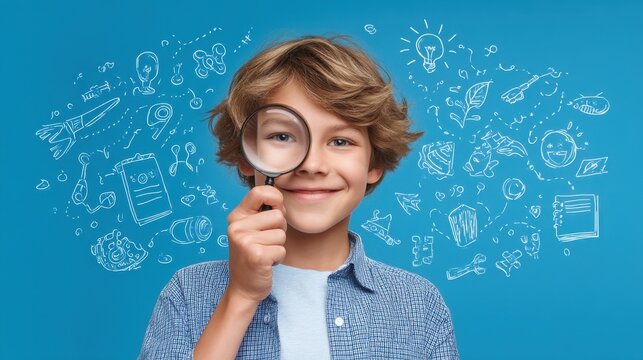 Smiling boy exploring creativity with magnifying glass and playful educational doodles