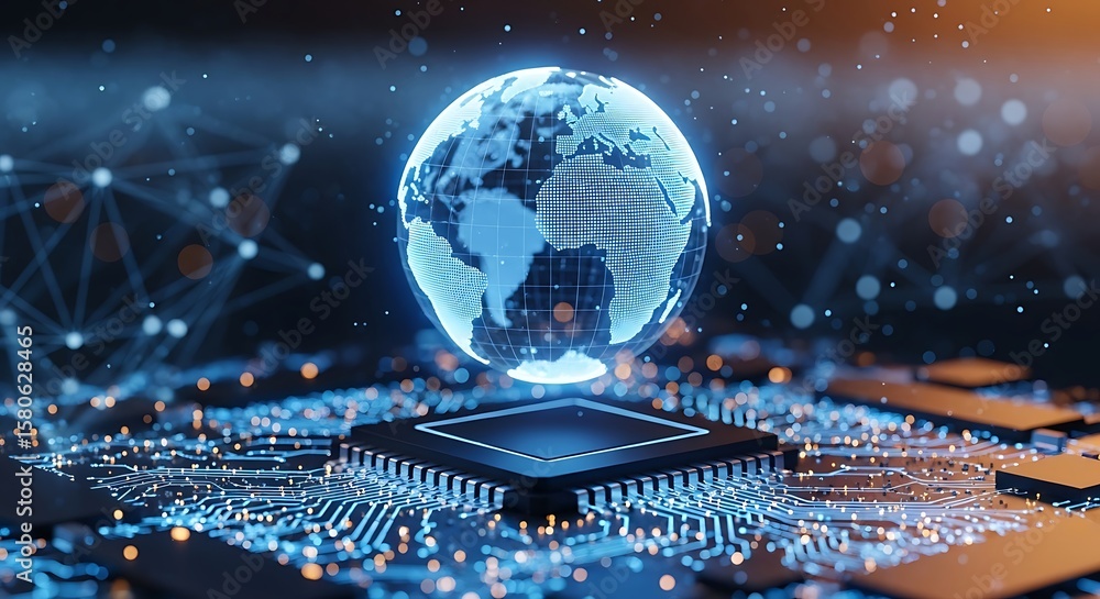 Aufkleber digital earth globe hovering over a futuristic computer processor on a circuit board