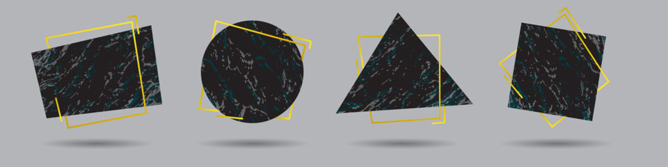 Set modern banners with marble texture and golden lines. Vector illustration.