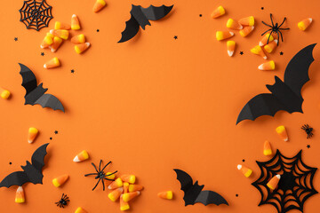 Halloween-inspired design featuring candy corn, black bats, and spider webs on an orange surface...