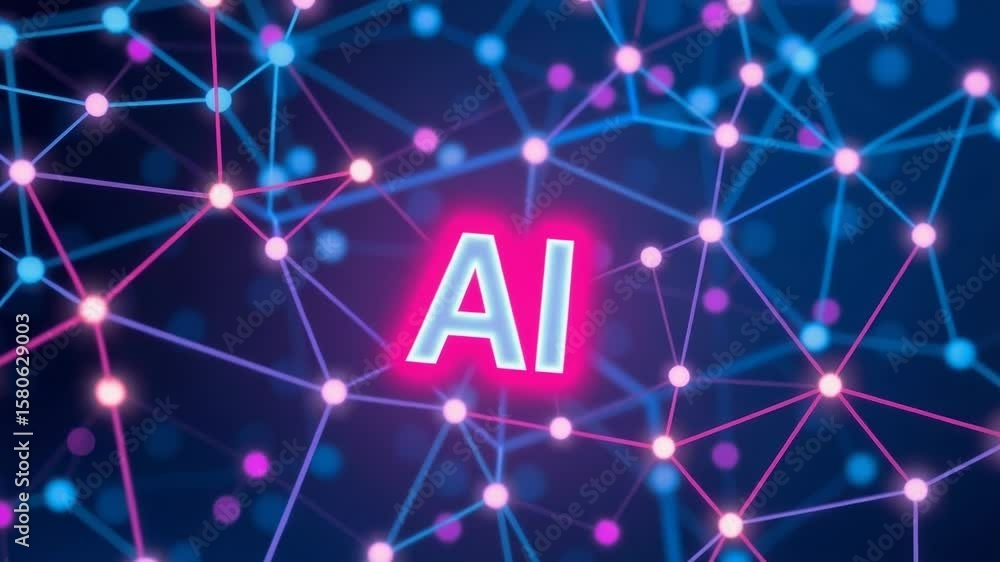 Poster the glowing ai symbol is at the center of a vibrant digital network, representing artificial intelli