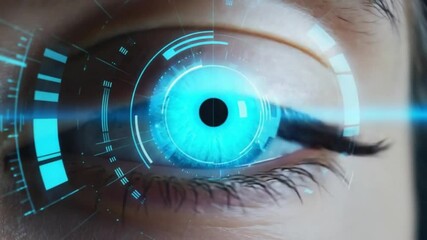 An eye with futuristic technology overlay presents a concept for vision, scanning, biometrics, and advanced medical or security applications. - Powered by Adobe