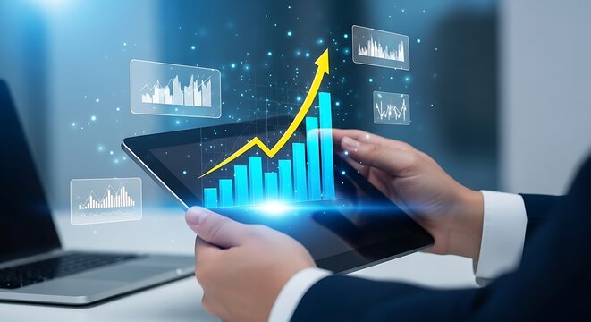 Business professional analyzing financial growth charts and data on a tablet device with holographic projections - Powered by Adobe