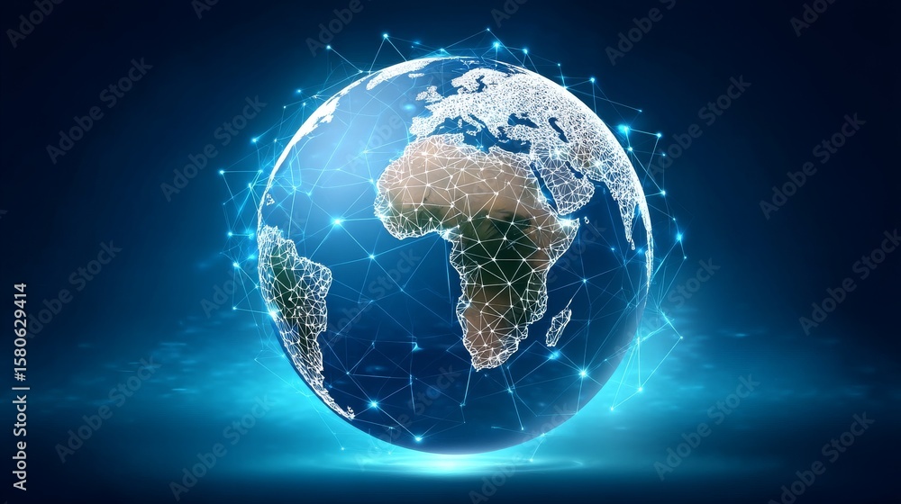 Poster global network concept with stylish representation of earth and connected lines in blue light