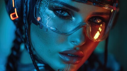 Futuristic character with glowing visor and intricate helmet design in a dark setting during a science fiction theme