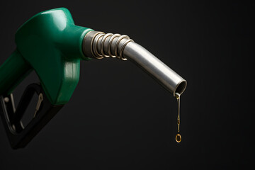 Fuel nozzle dripping oil with single drop suspended in air representing energy consumption and supply transfer