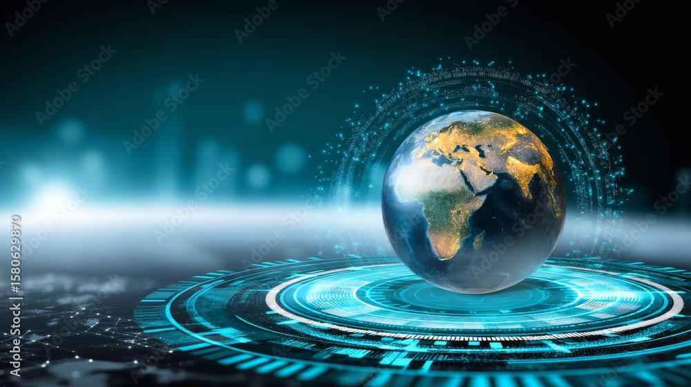 Poster digital globe with data circles and global connectivity over a dark background landscape