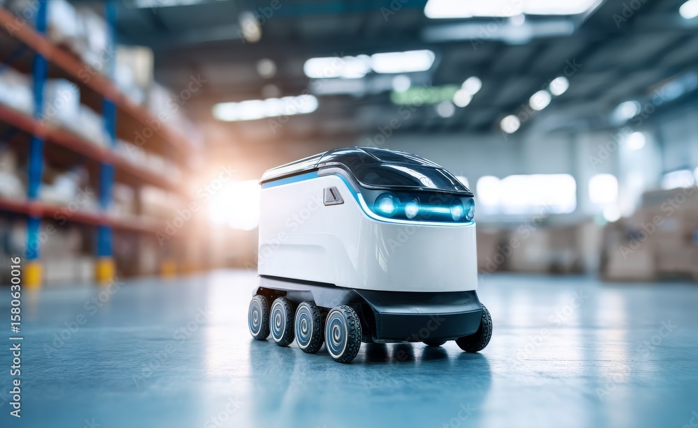 Poster autonomous delivery robot in modern warehouse with advanced technology and efficient design
