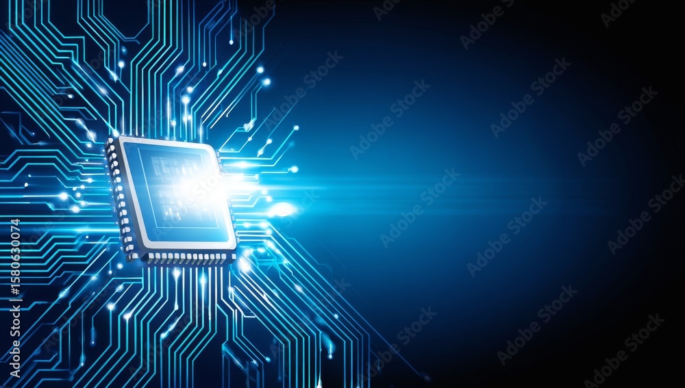 Aufkleber futuristic microchip with bright light on abstract circuit board background
